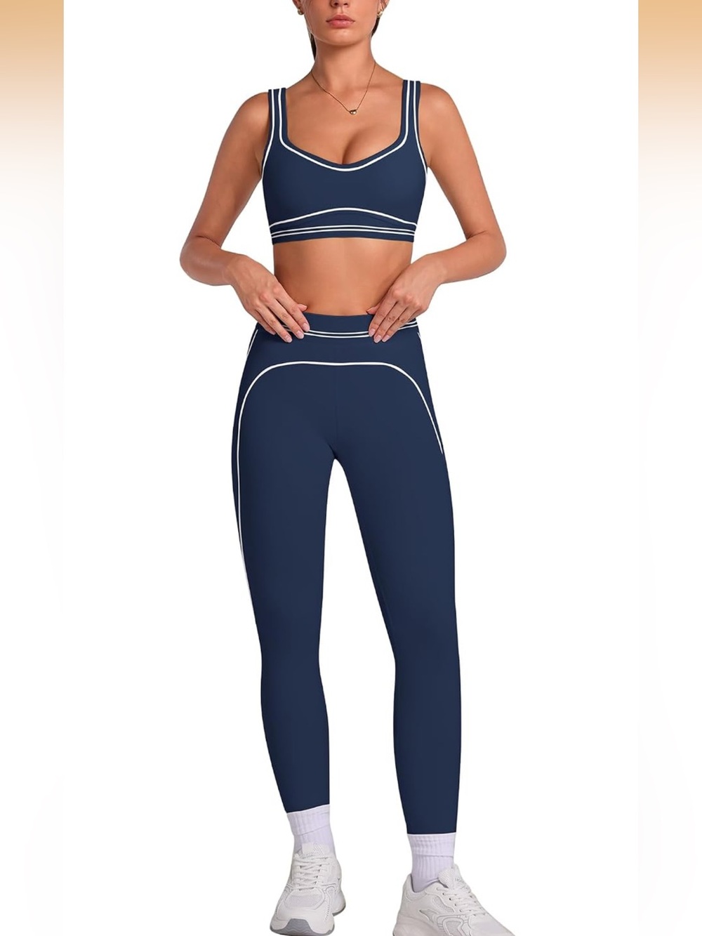 2 Piece Workout Set Color Block Sports Bra High Waist Tummy Control M.